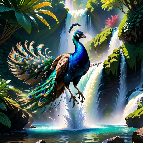 Pic of a jumping of a peacock in the waterfall