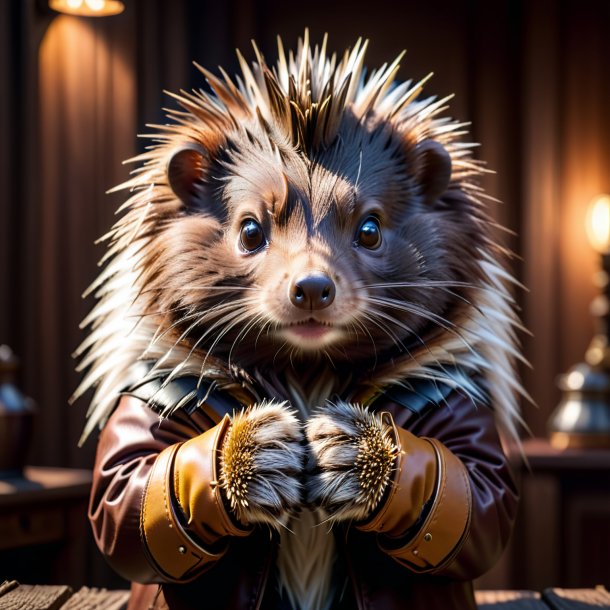 Picture of a porcupine in a brown gloves