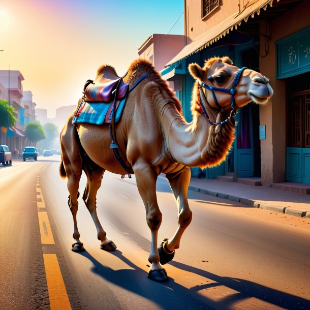 Image of a camel in a shoes on the road