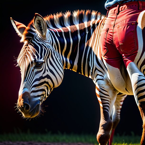 De uma zebra em um jeans vermelho