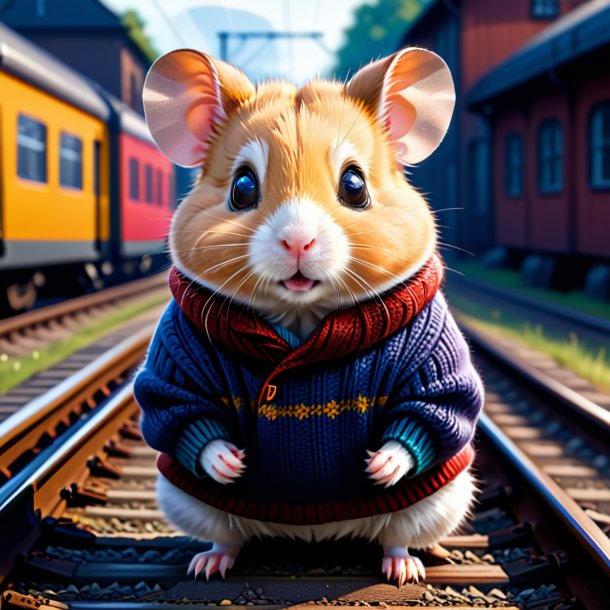 Illustration of a hamster in a sweater on the railway tracks