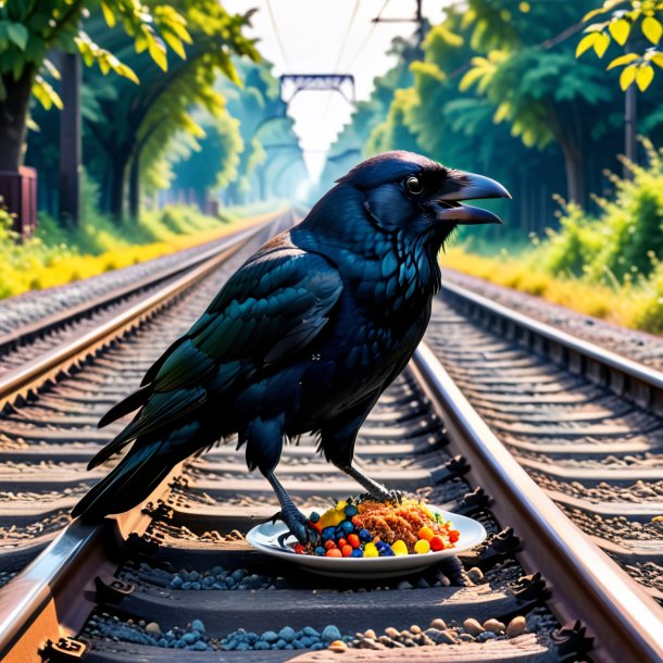 Imagem de um comer de um corvo nos trilhos ferroviários