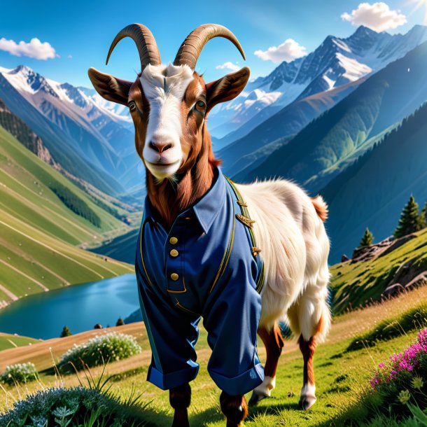 Photo of a goat in a trousers in the mountains