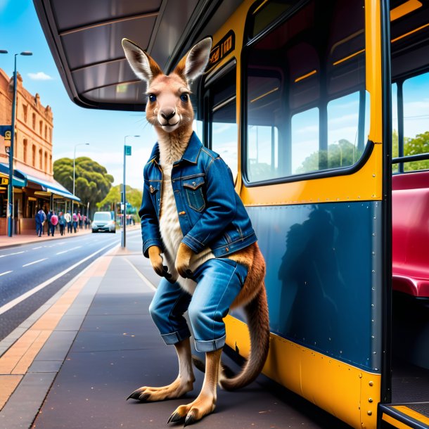 Imagem de um canguru em um jeans no ponto de ônibus