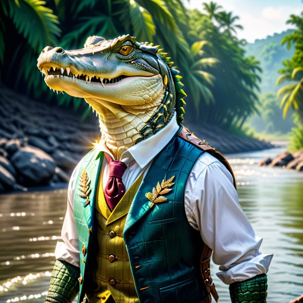 Image of a crocodile in a vest in the river