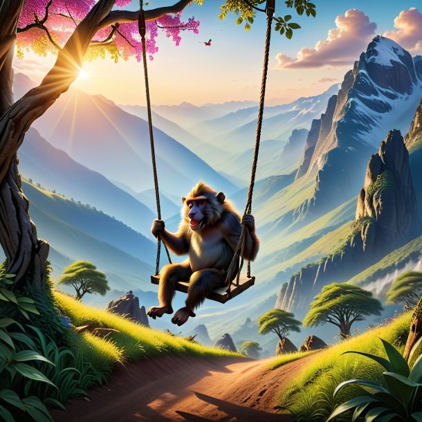 Photo of a swinging on a swing of a baboon in the mountains