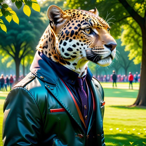 Foto de um jaguar em uma jaqueta no parque