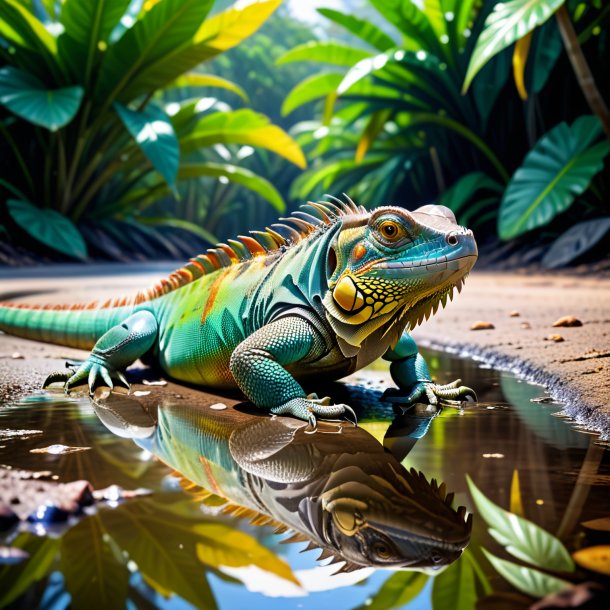 Uma imagem de uma iguana na poça