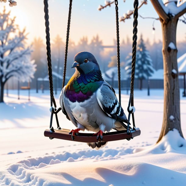 Pic of a swinging on a swing of a pigeon in the snow