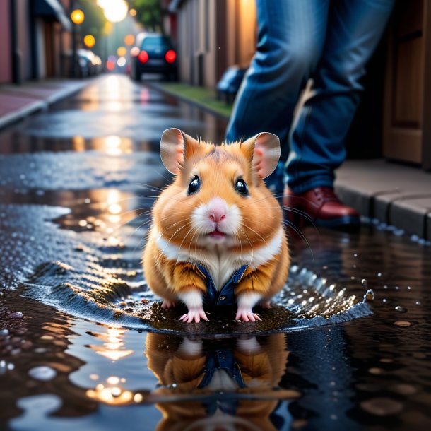 Photo of a hamster in a jeans in the puddle