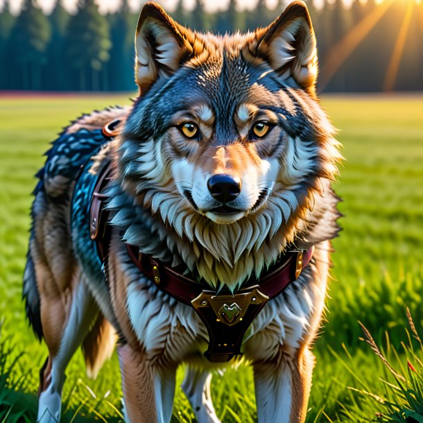 Foto de um lobo em um cinto no campo