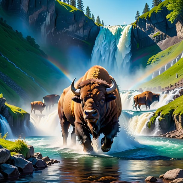 Image of a swimming of a bison in the waterfall