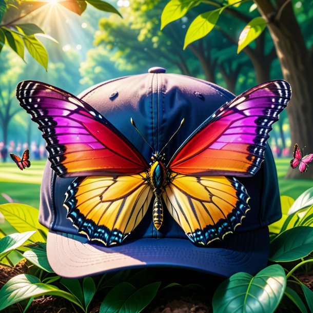 Imagen de una mariposa en una gorra en el parque