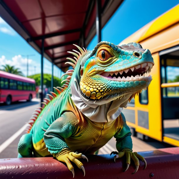 Picture of a smiling of a iguana on the bus stop