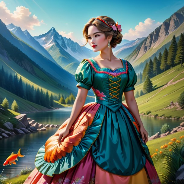 Drawing of a carp in a dress in the mountains