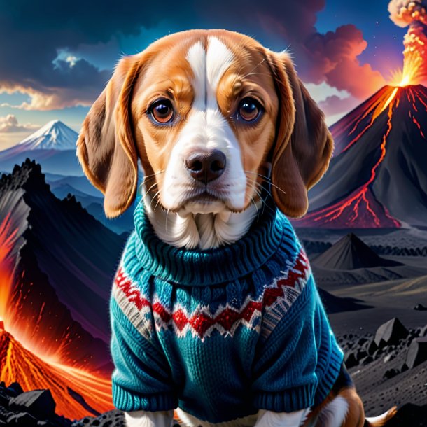 Photo of a beagle in a sweater in the volcano