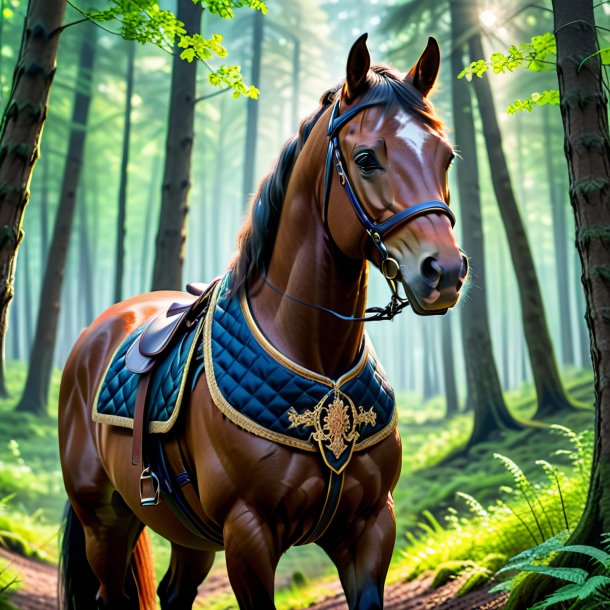 Image of a horse in a vest in the forest