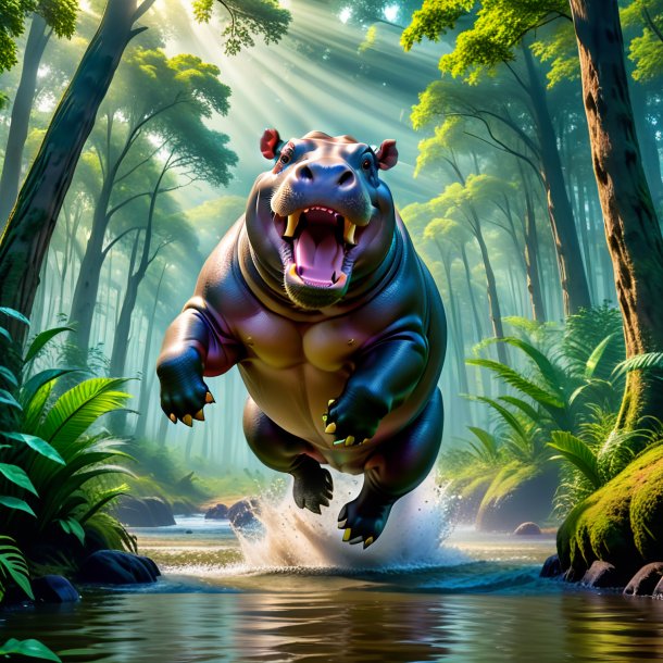 Pic of a jumping of a hippopotamus in the forest