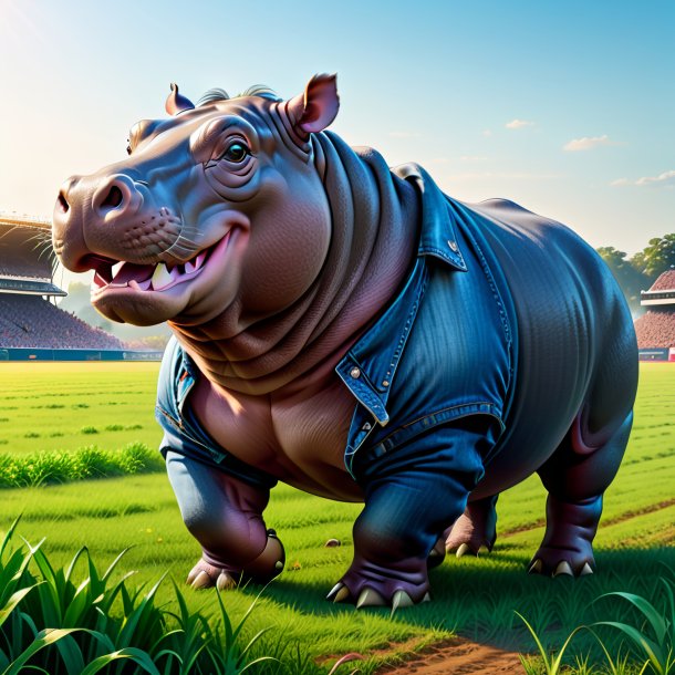 Drawing of a hippopotamus in a jeans on the field