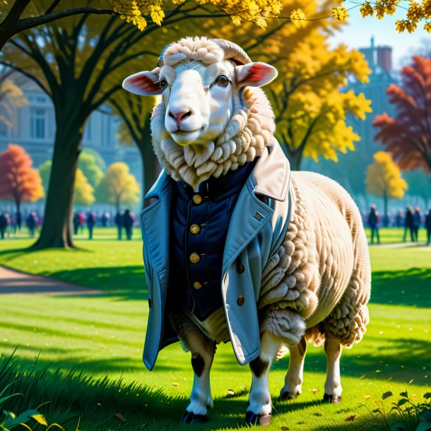 Drawing of a sheep in a coat in the park