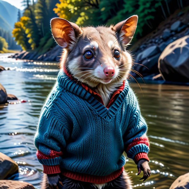 Pic d'un opossum dans un pull dans la rivière