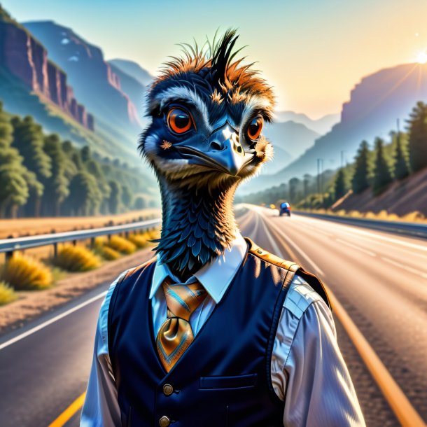 Illustration of a emu in a vest on the highway