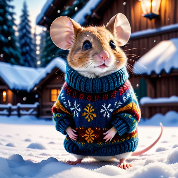 Foto de un ratón en un suéter en la nieve