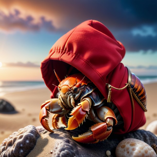 Photo of a hermit crab in a red hoodie