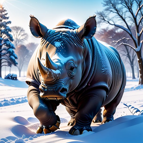 Photo of a rhinoceros in a gloves in the snow