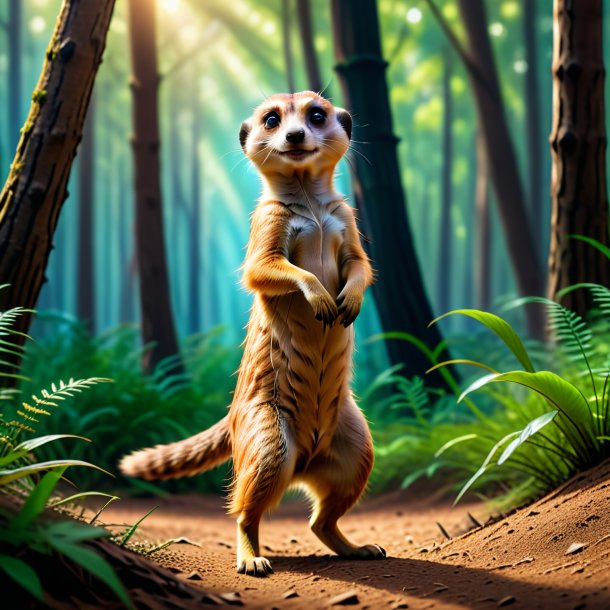 Image of a dancing of a meerkat in the forest