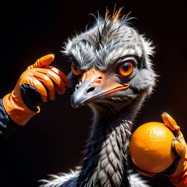 Imagem de uma emu em luvas laranja