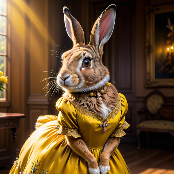 Foto de una liebre en un vestido amarillo