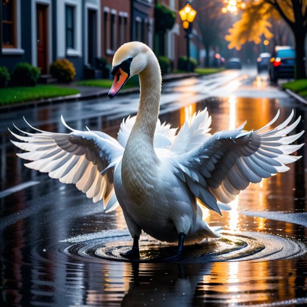 Uma foto de um cisne em um hoodie na poça