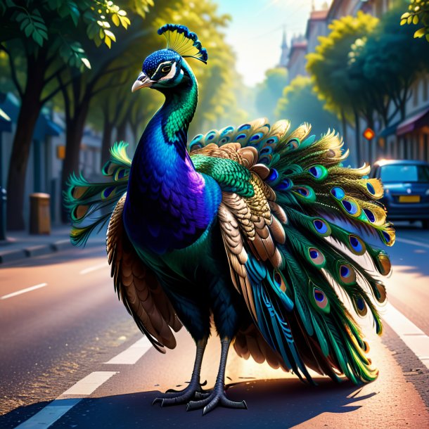 Illustration of a peacock in a gloves on the road