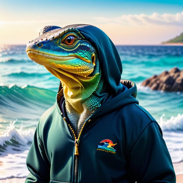 Imagem de um monitor lagarto em um hoodie no mar