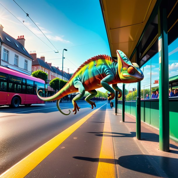 Image of a jumping of a chameleon on the bus stop