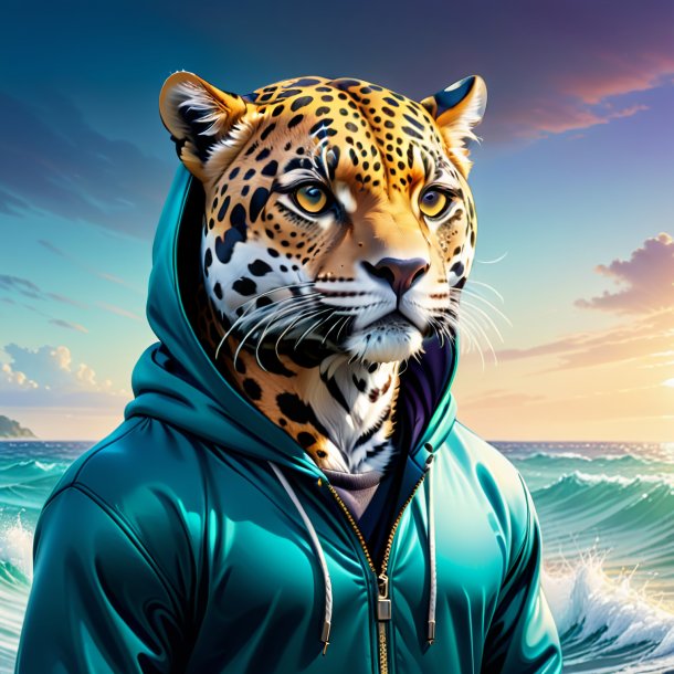 Ilustración de un jaguar en una sudadera con capucha en el mar