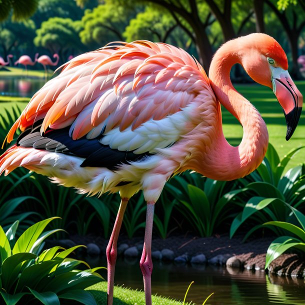 Picture of a sleeping of a flamingo in the park