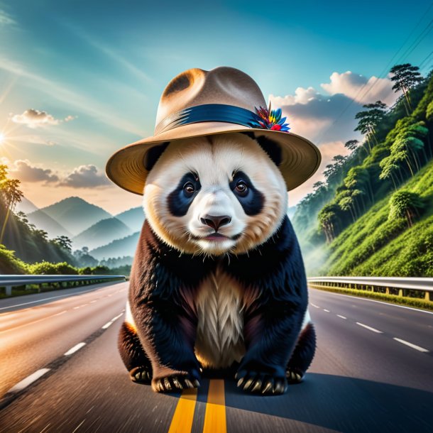 Foto de un panda gigante en un sombrero en la carretera