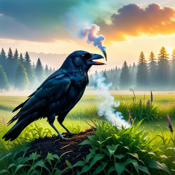 Pic of a smoking of a crow in the meadow