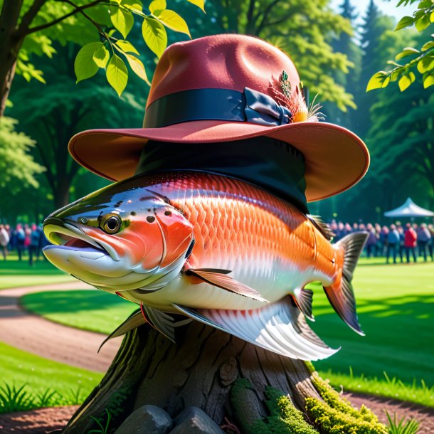 Photo of a salmon in a hat in the park