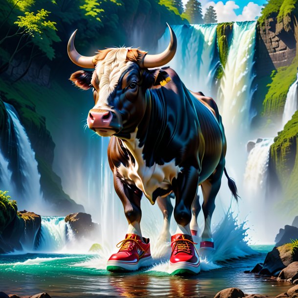 Picture of a bull in a shoes in the waterfall