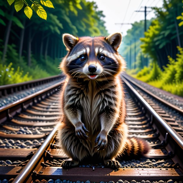 Image of a drinking of a raccoon on the railway tracks