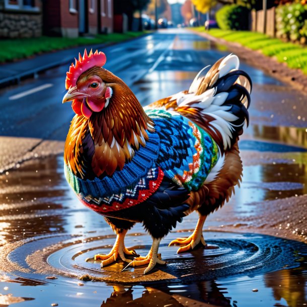 Picture of a hen in a sweater in the puddle