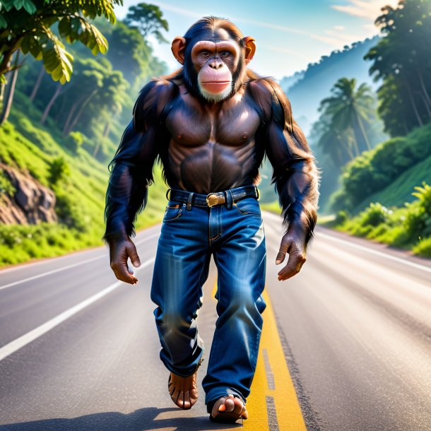 Photo of a chimpanzee in a jeans on the road