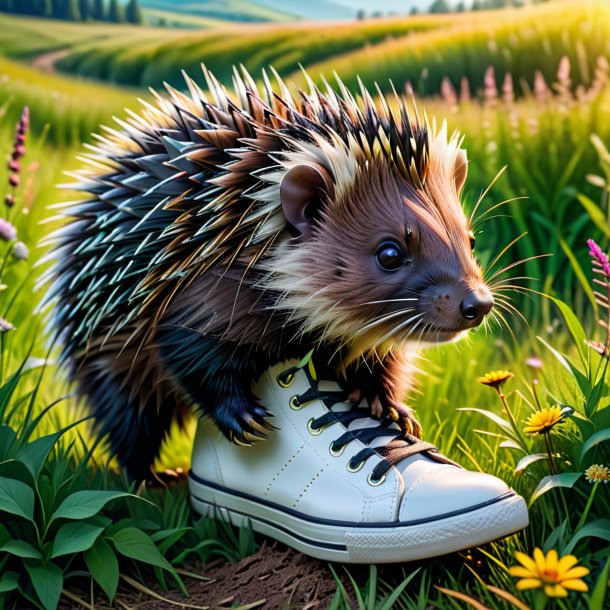 Photo d'un porc-épic dans une chaussure dans la prairie