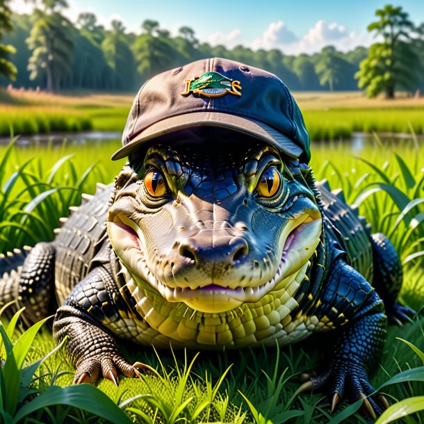 Image of a alligator in a cap in the meadow