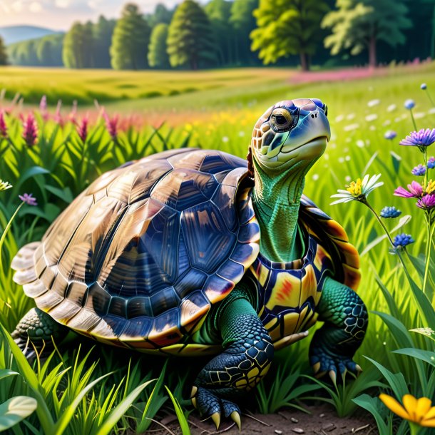 Foto de una tortuga en un vestido en el prado