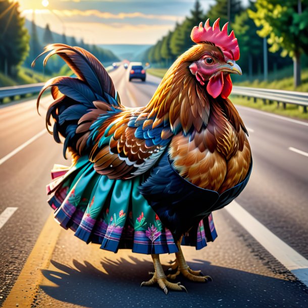 Dibujo de una gallina en una falda en la carretera