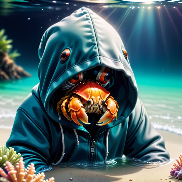 Illustration of a hermit crab in a hoodie in the water